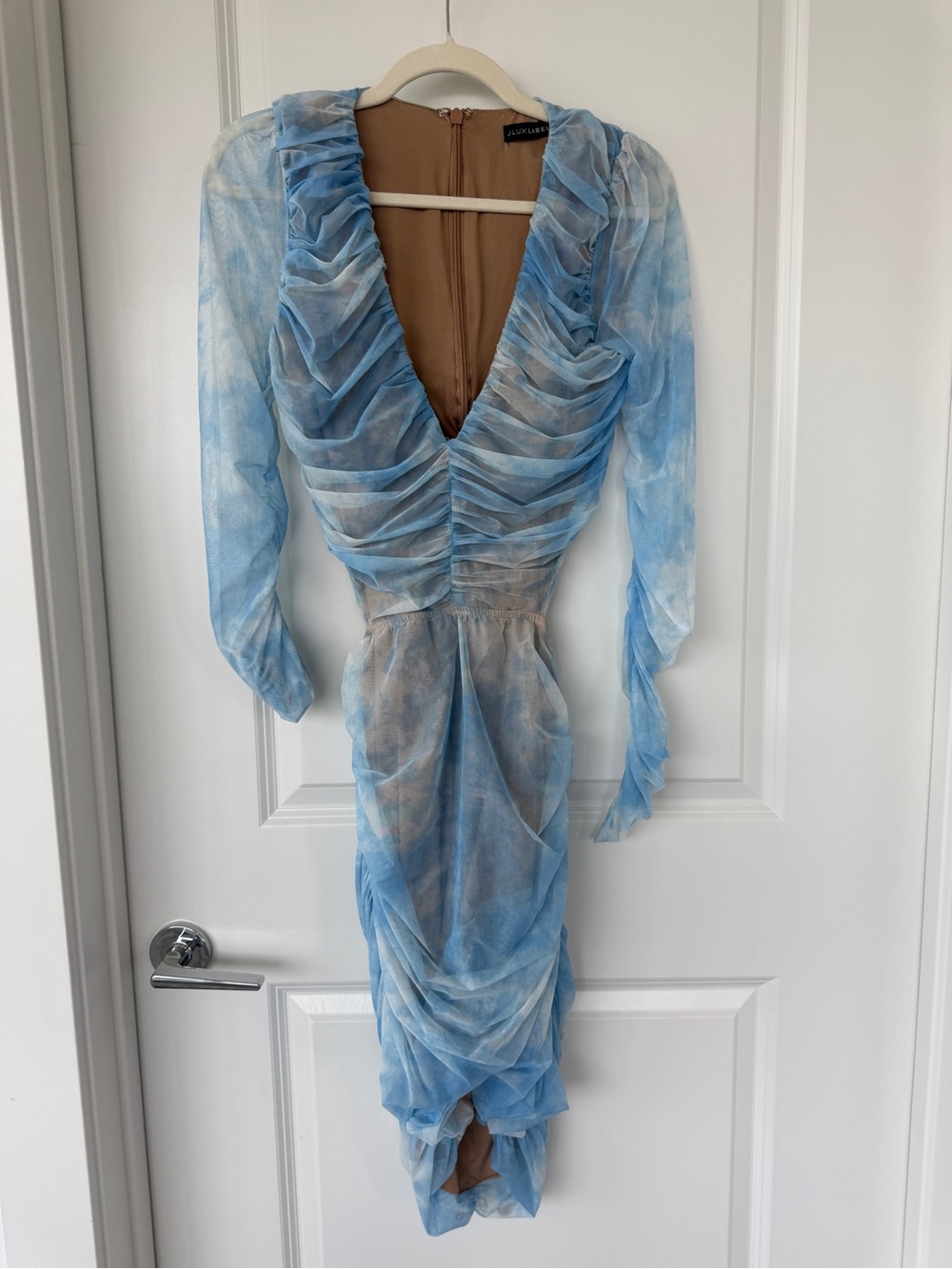JLUXLABEL Light Blue Ruched Sheer V-Neck Dress